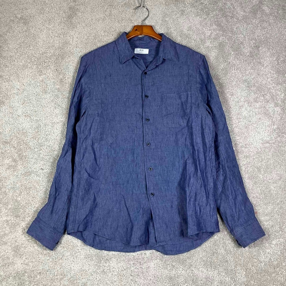 Uniqlo Button Up Shirt Mens Medium Blue 100% Linen Long Sleeve Pocket Casual